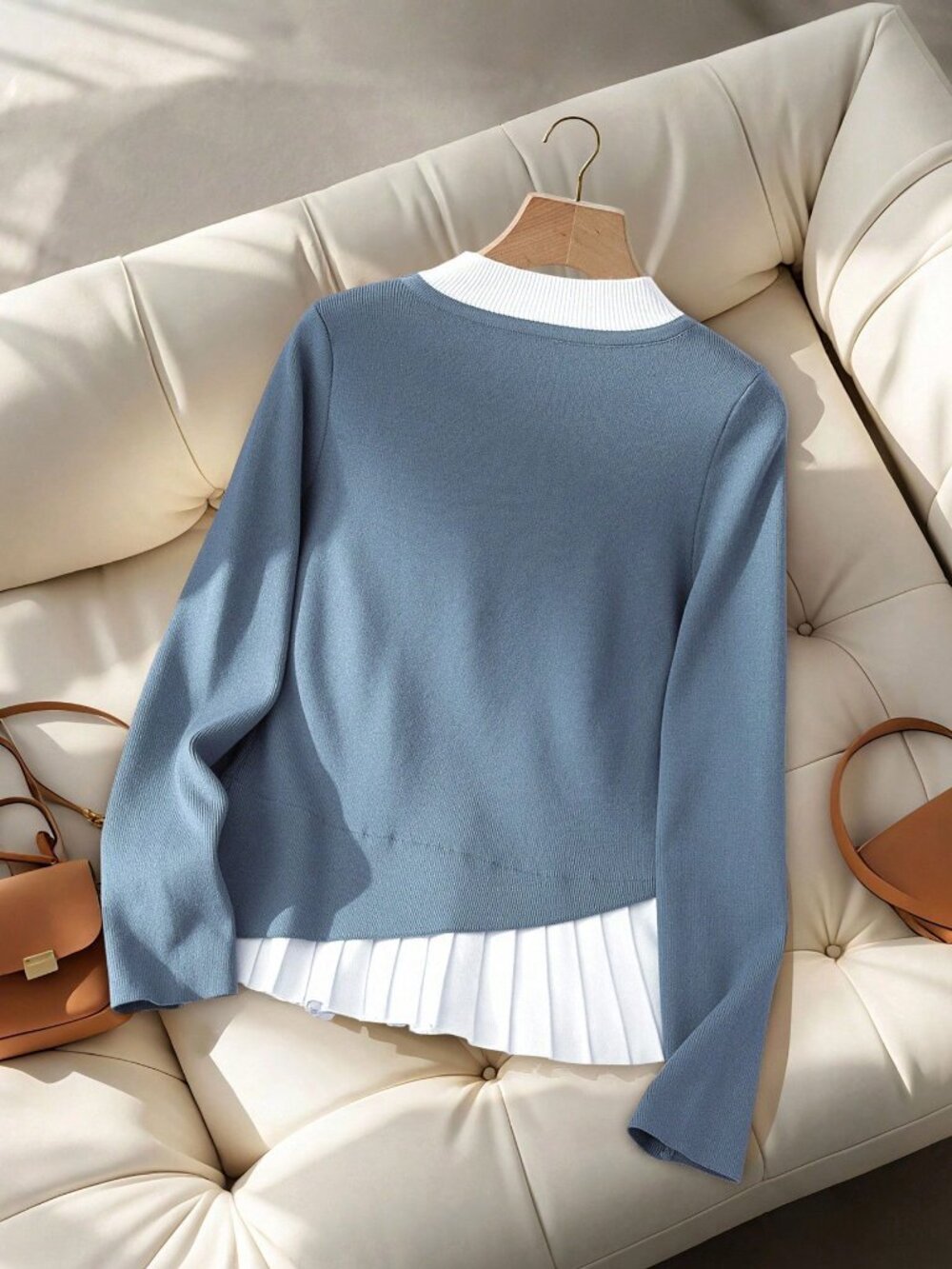 Blue Casual Women's Elegant Color Block Pleated Sweater - Picture 2 of 6